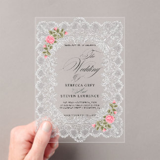 Invitaciones Acrílicas Boda de flores rosadas con encaje blanco elegante