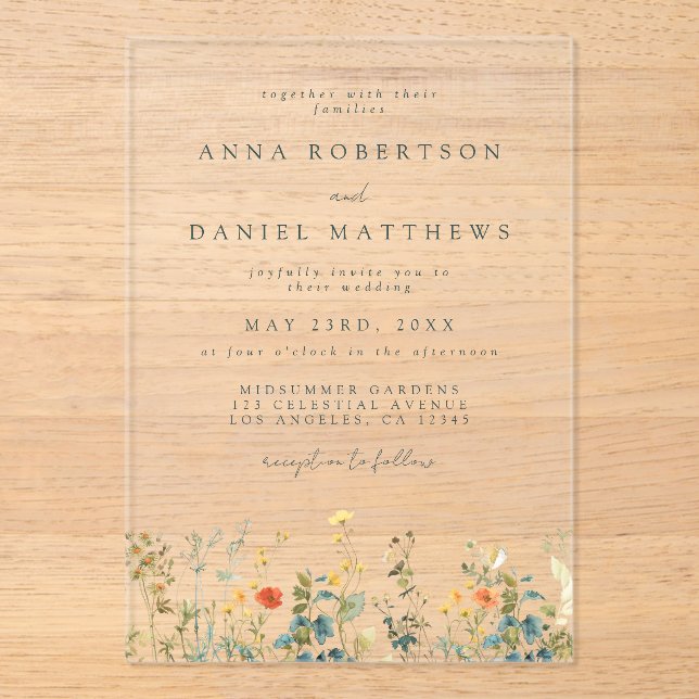 Invitaciones Acrílicas Boda de flores silvestres (Anverso)