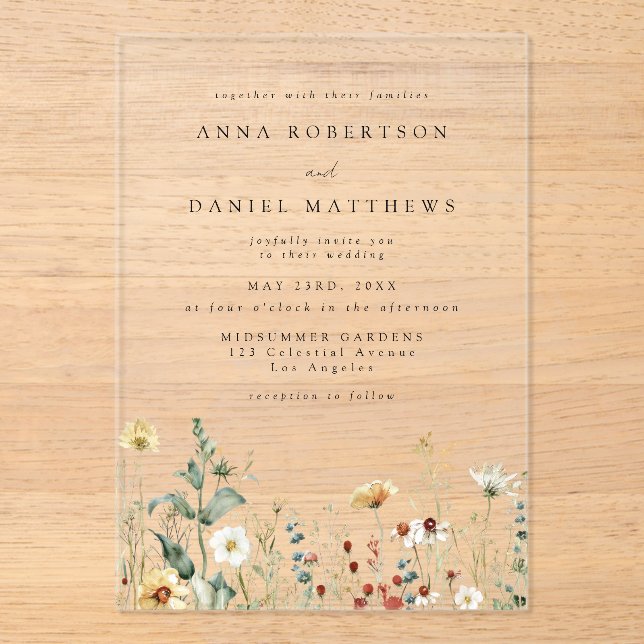 Invitaciones Acrílicas Boda de flores silvestres (Anverso)