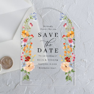 Invitaciones Acrílicas Boda de flores silvestres audaces y coloridos, gua