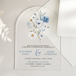 Invitaciones Acrílicas Boda de flores silvestres bohemias azul polvorient