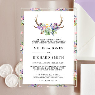 Invitaciones Acrílicas Boda de flores silvestres Boho Antlers