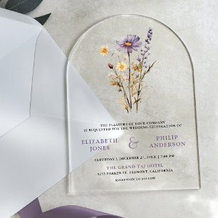 Invitaciones Acrílicas Boda de flores silvestres boho púrpura polvorienta