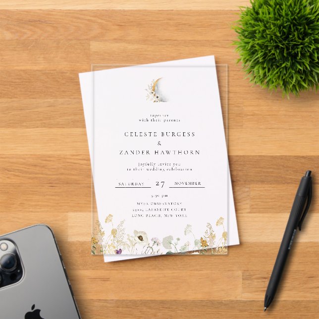 Invitaciones Acrílicas Boda de flores silvestres de la luna dorada (Insitu (Tarjeta de Invitación))