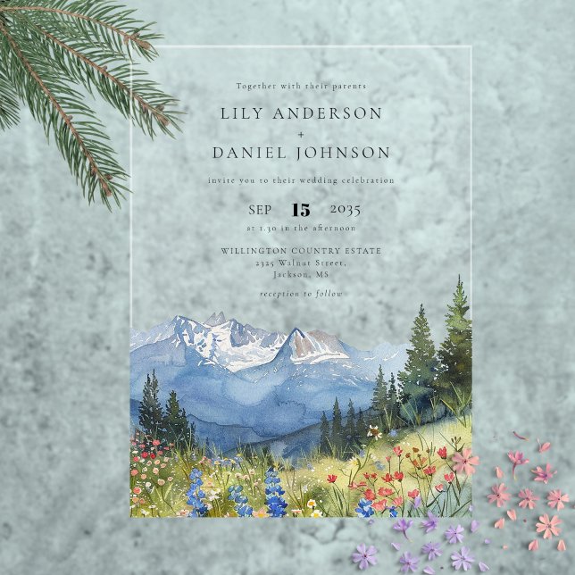 Invitaciones Acrílicas Boda de flores silvestres de la montaña acuarela m (Modern Watercolor Mountain Wildflower Wedding Acrylic Invitations)
