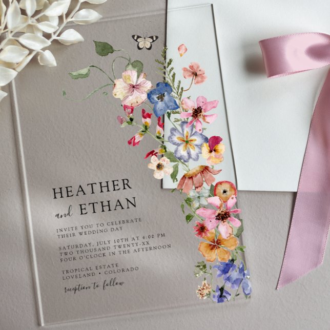 Invitaciones Acrílicas Boda de flores silvestres modernas (Modern Watercolor Wildflower Wedding Acrylic Invitations with Butterfly by Painted Paperie
)