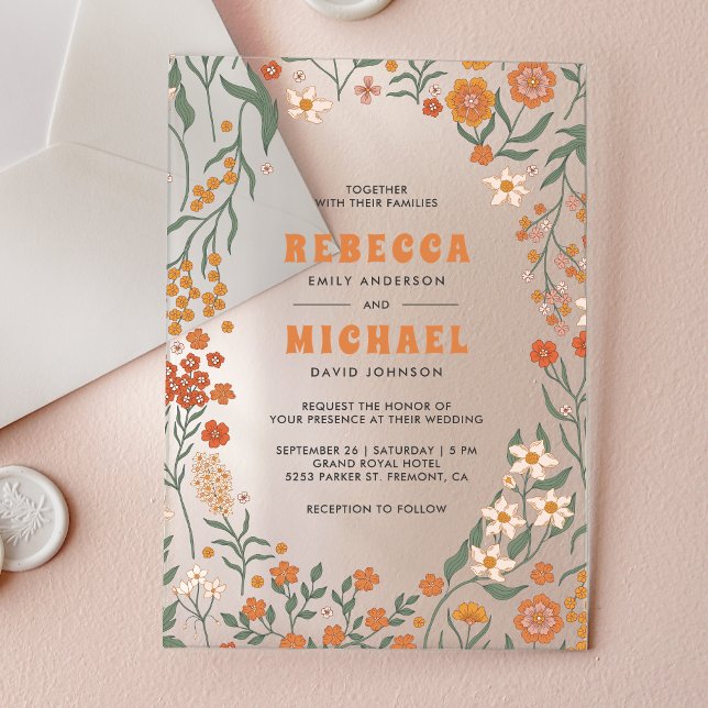 Invitaciones Acrílicas Boda de flores silvestres naranjas groovy (Subido por el creador)