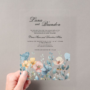 Invitaciones Acrílicas Boda de flores silvestres rosadas azules botánicas