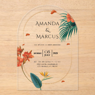 Invitaciones Acrílicas Boda de flores tropicales elegantes 