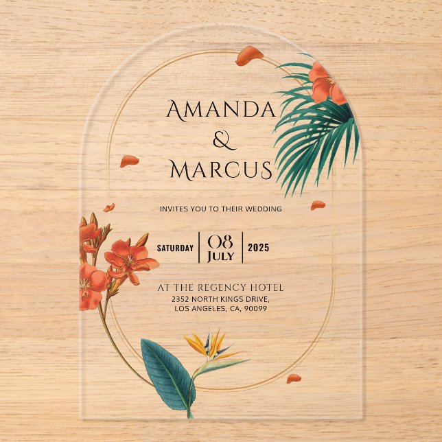 Invitaciones Acrílicas Boda de flores tropicales elegantes  (Anverso)
