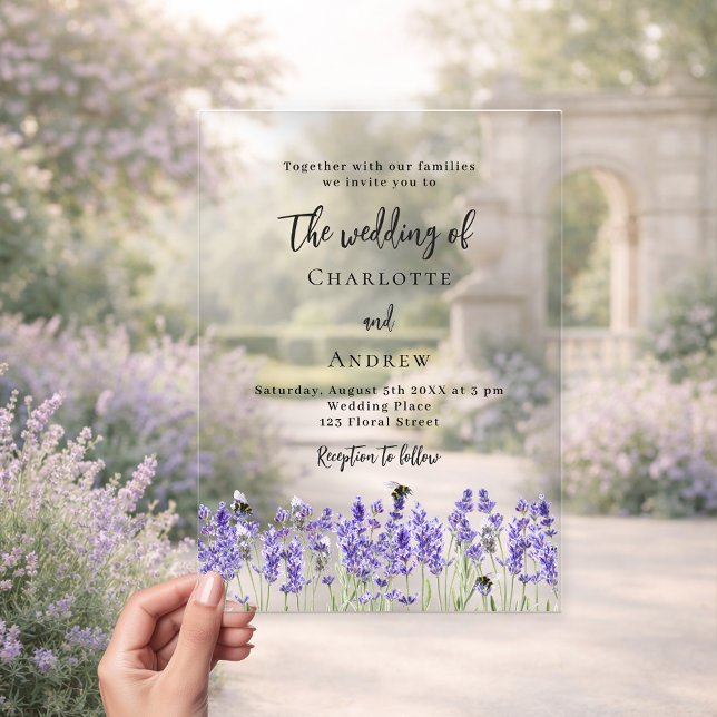 Invitaciones Acrílicas Boda de flores violetas de lavanda (Subido por el creador)
