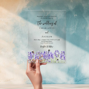 Invitaciones Acrílicas Boda de flores violetas de lavanda