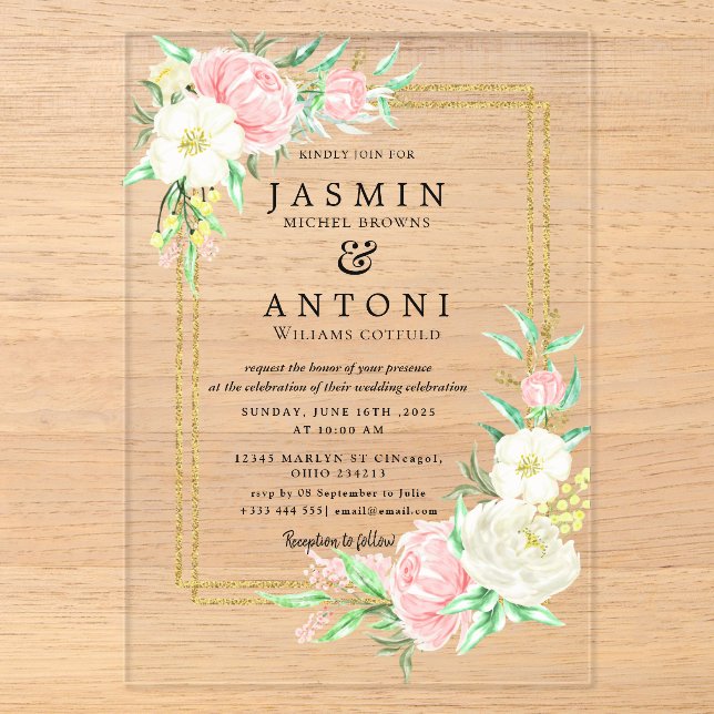 Invitaciones Acrílicas Boda de flores y follaje de otoño (Anverso)