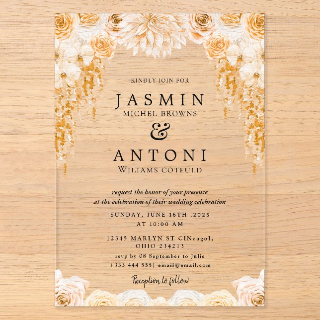 Invitaciones Acrílicas Boda de flores y follaje de otoño (Anverso)