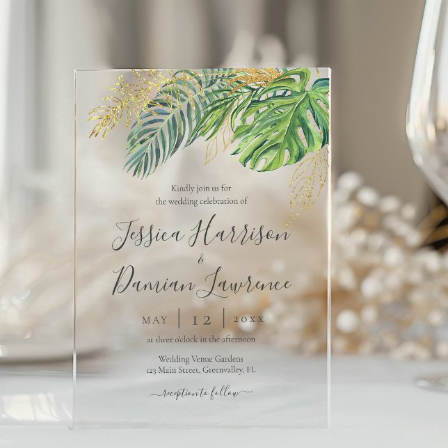 Invitaciones Acrílicas Boda de follaje de oro verde de hojas tropicales (Subido por el creador)