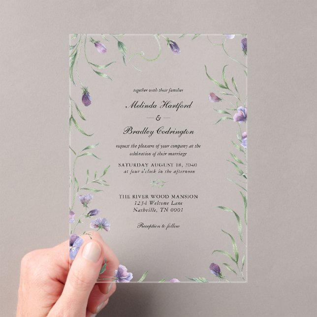 Invitaciones Acrílicas Boda de follaje floral púrpura caprichoso (Insitu (portátil))