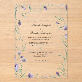 Invitaciones Acrílicas Boda de follaje floral púrpura caprichoso