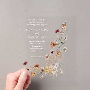 Invitaciones Acrílicas Boda de foto con código QR floral de flor silvestr