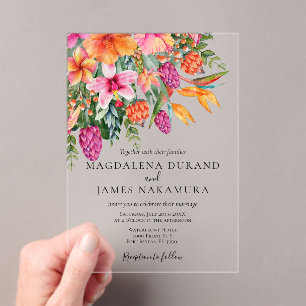 Invitaciones Acrílicas Boda de Foto Floral Tropical Naranja Rosa Colorida