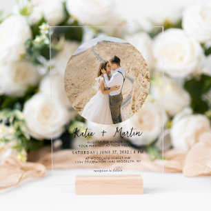 Invitaciones Acrílicas Boda de Foto Redonda Simple en Blanco y Negro