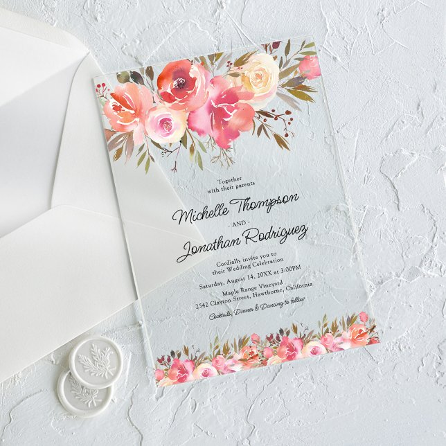 Invitaciones Acrílicas Boda de fotografía acuarela rosa floral (Subido por el creador)
