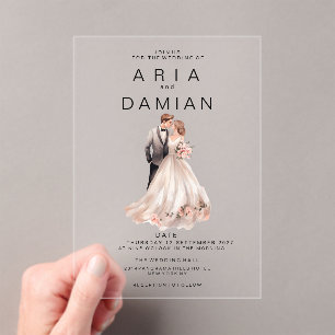 Invitaciones Acrílicas Boda de fotos de pareja de flores de color gris ro