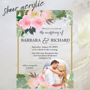 Invitaciones Acrílicas Boda de Fotos Florales Románticas de Rosa Dorada