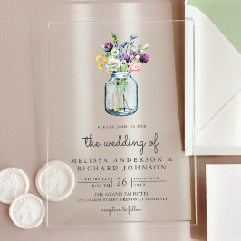 Invitaciones Acrílicas Boda de frasco de albañil de flor silvestre