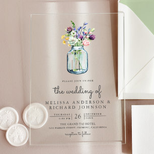 Invitaciones Acrílicas Boda de frasco de albañil de flor silvestre