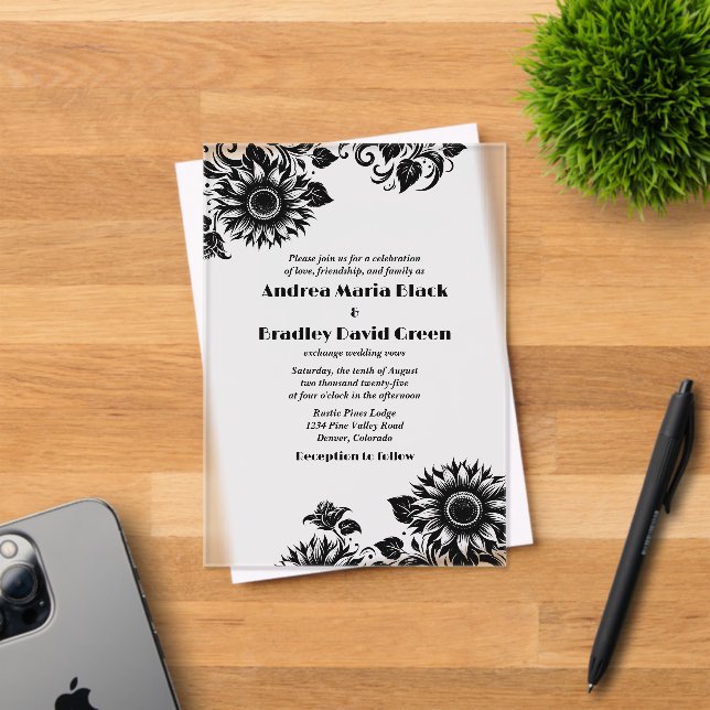 Invitaciones Acrílicas Boda de girasol blanco negro (Insitu (Tarjeta de Invitación))