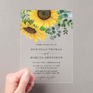 Invitaciones Acrílicas Boda de girasoles acuarelas y eucalipto