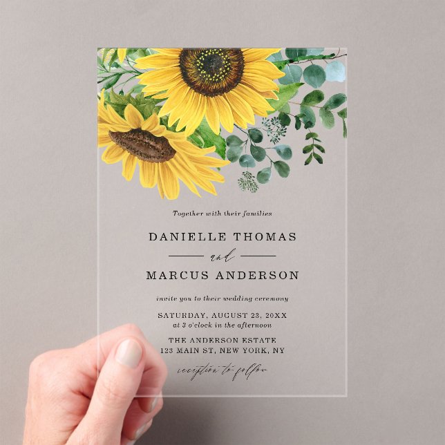 Invitaciones Acrílicas Boda de girasoles acuarelas y eucalipto (Insitu (portátil))