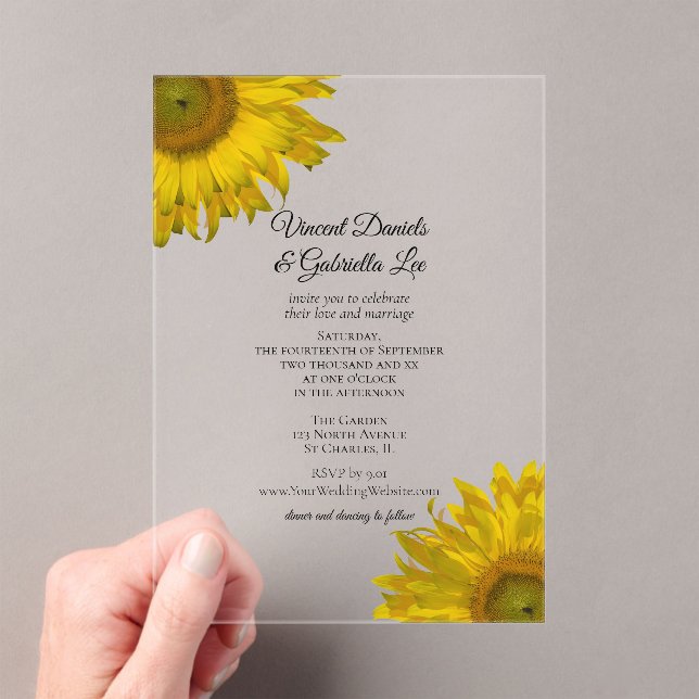 Invitaciones Acrílicas Boda de girasoles amarillos (Insitu (portátil))