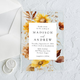 Invitaciones Acrílicas Boda de girasoles y flores silvestres de otoño rús