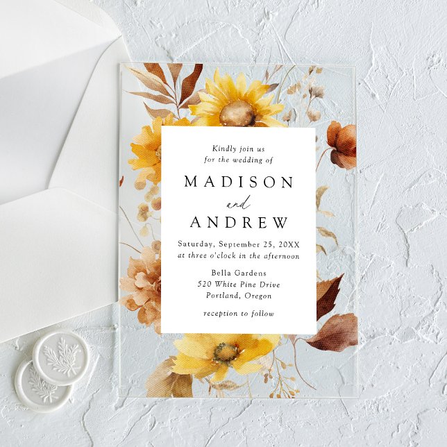 Invitaciones Acrílicas Boda de girasoles y flores silvestres de otoño rús (Subido por el creador)