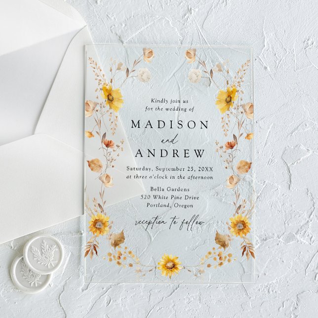 Invitaciones Acrílicas Boda de girasoles y flores silvestres de otoño rús (Subido por el creador)