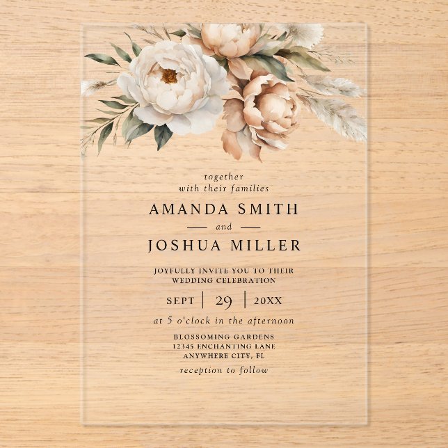 Invitaciones Acrílicas Boda de Grass Boho Dried Florals & Pampas (Anverso)
