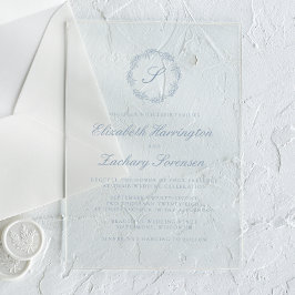 Invitaciones Acrílicas Boda de guión de cordón de monograma azul turbio c