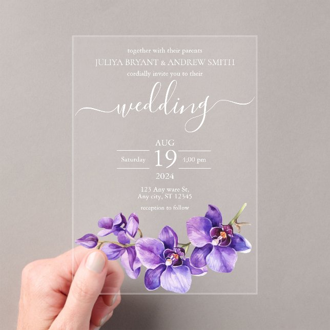 Invitaciones Acrílicas Boda de guión de orquídea púrpura (Insitu (portátil))