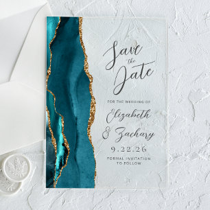 Invitaciones Acrílicas Boda de guión moderno de oro azul verdoso ágata
