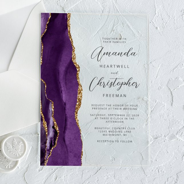 Invitaciones Acrílicas Boda de guión moderno Purple Agate Gold (Subido por el creador)