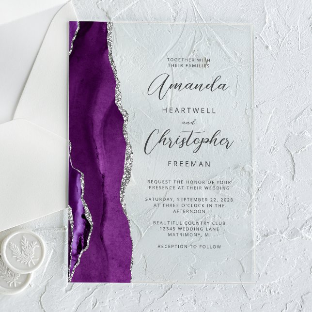 Invitaciones Acrílicas Boda de guión moderno Purple Silver Agate (Subido por el creador)