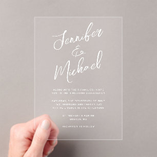 Invitaciones Acrílicas Boda de guiones con letras de mano blanca moderna
