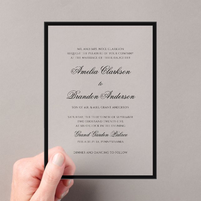 Invitaciones Acrílicas Boda de guiones de borde blanco y negro clásico fo (Insitu (portátil))
