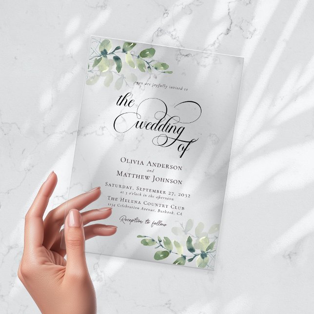 Invitaciones Acrílicas Boda de guiones de caligrafía de eucalipto (Subido por el creador)