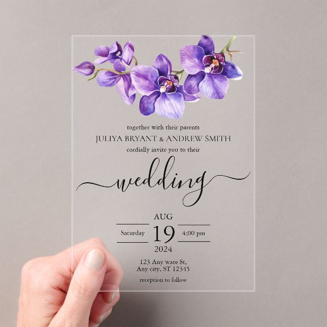 Invitaciones Acrílicas Boda de guiones morado y blanco (Insitu (portátil))