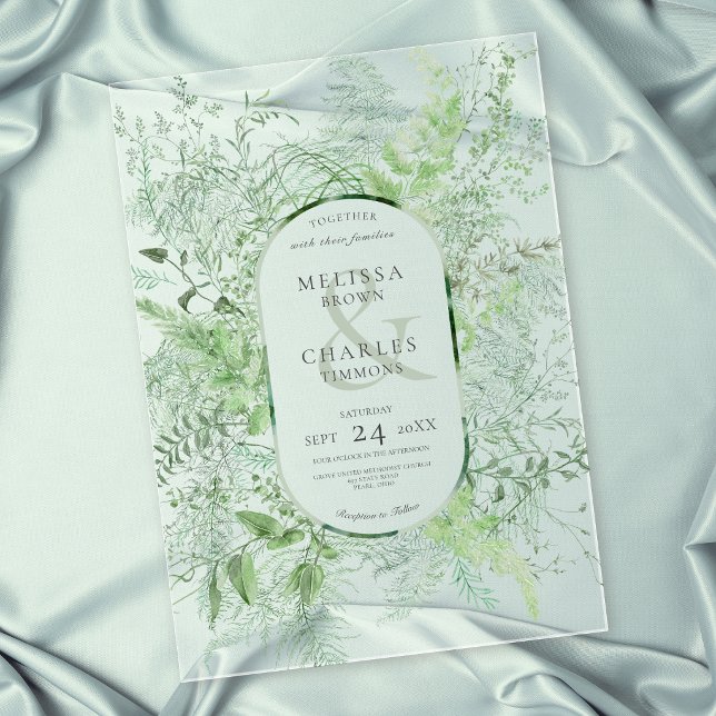 Invitaciones Acrílicas Boda de helecho verde rústico con follaje verde es (Rustic Fern Green Foliage Emerald Green Wedding Acrylic Invitation)