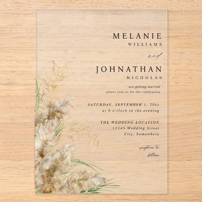 Invitaciones Acrílicas Boda de hierba de Pampas Boho Playera 2 (Anverso)