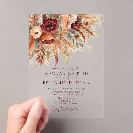 Invitaciones Acrílicas Boda de hierba de Pampas florales de terracota de 