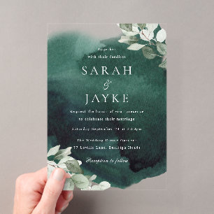Invitaciones Acrílicas Boda de hoja verde esmeralda simple moderna